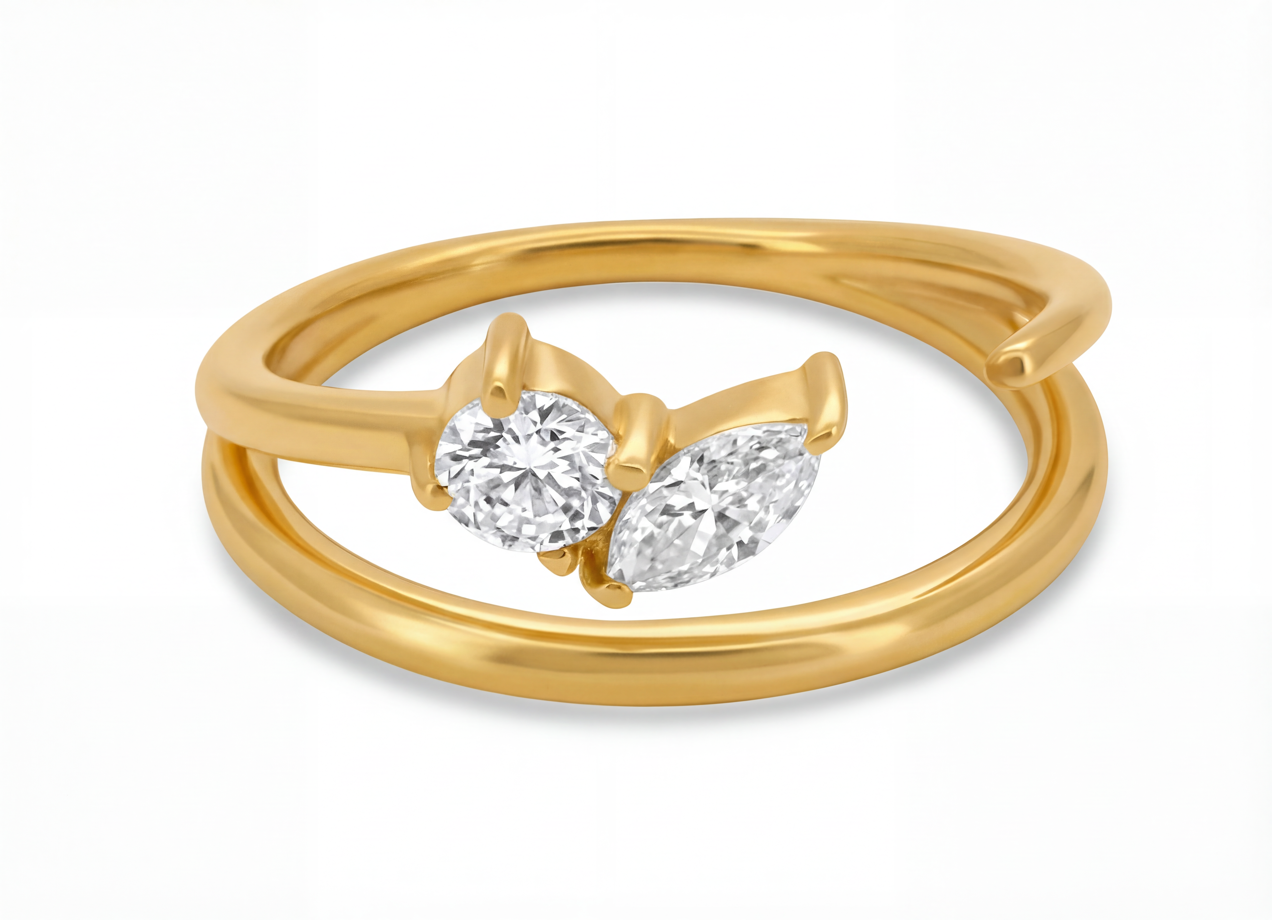 טבעת Helios עדינה משובצת שתי אבנים מרחפות בחיתוך עגול ומרקיז